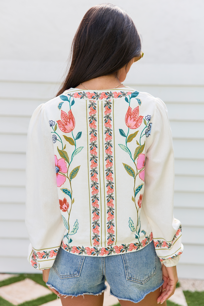 Maclyn White Floral Long Sleeve Tie Front Top